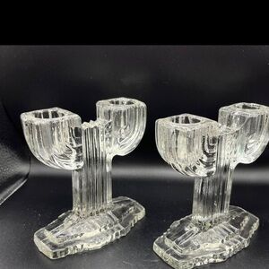 𝅺two 1940’s Anchor Hocking Art Deco Double Crystal Glass Cactus Shaped 5”